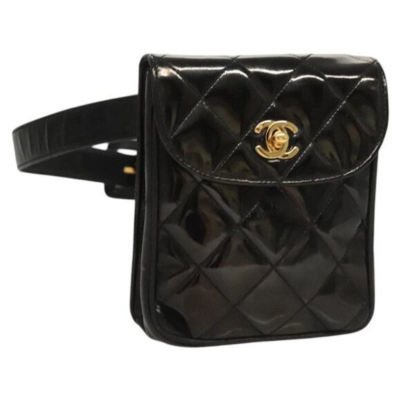 CHANEL Matelasse Chain Waist bag Enamel Black Gold CC Auth bs25637 - Picture 1 of 16